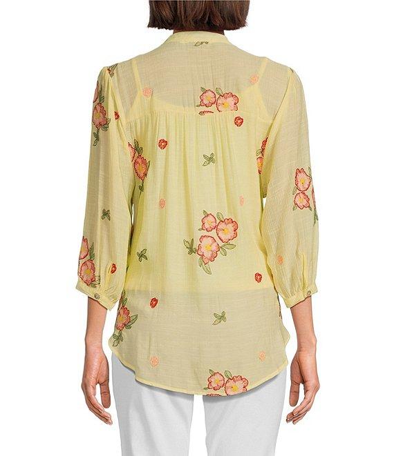 Figueroa & Flower Embroidered Floral Mandarin Collar 3/4 Sleeve Button-Front Blouse Product Image