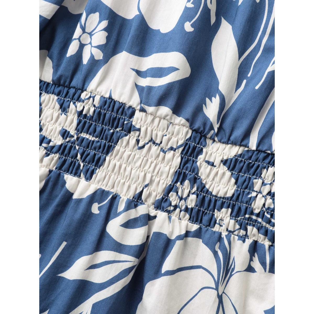 Plus Size Mediumblue Cotton Silhouette Floral Print Shirred Waist Blouse Women Short sleeve Round Neck Vacation Blouses BloomChic 18-20/2X Product Image