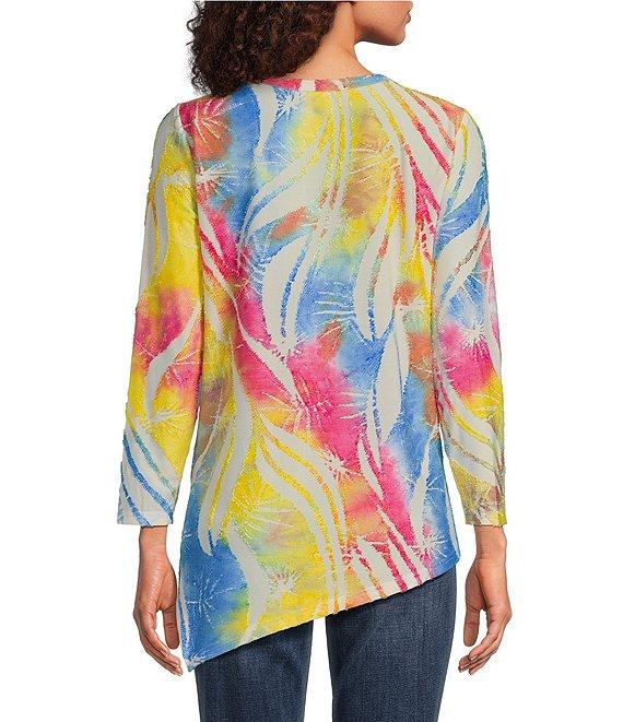 Calessa Petite Size Burnout Tie-Dye Crew Neck Bracelet Sleeve Asymmetric Hem Tunic Product Image