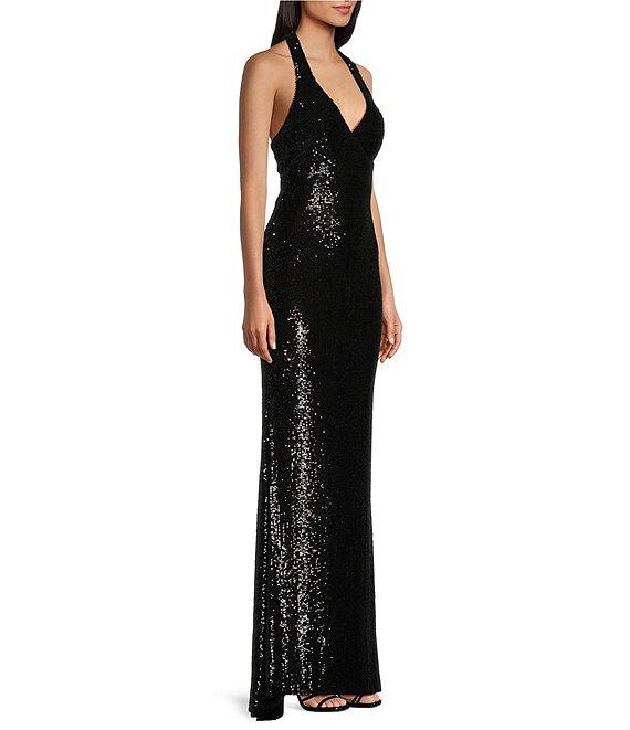 B. Darlin Allover Sequin Sleeveless Halter V-Neck Dress Product Image