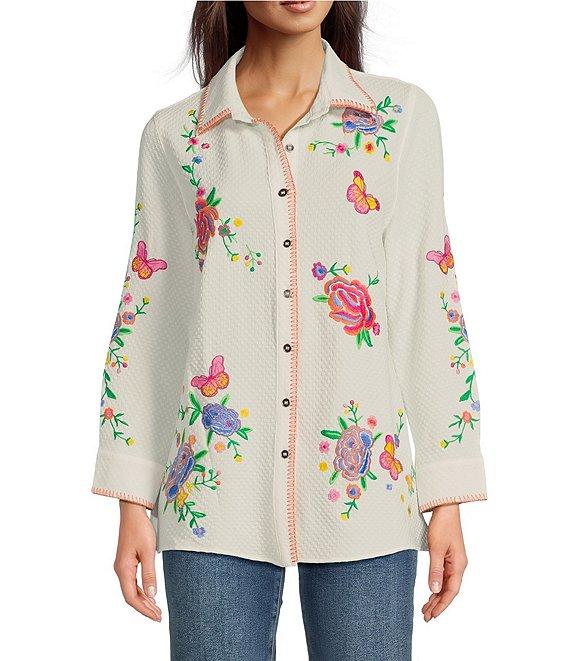 Calessa Crinkle Woven Embroidered Point Collar Long Sleeve Button-Front Shirt Product Image