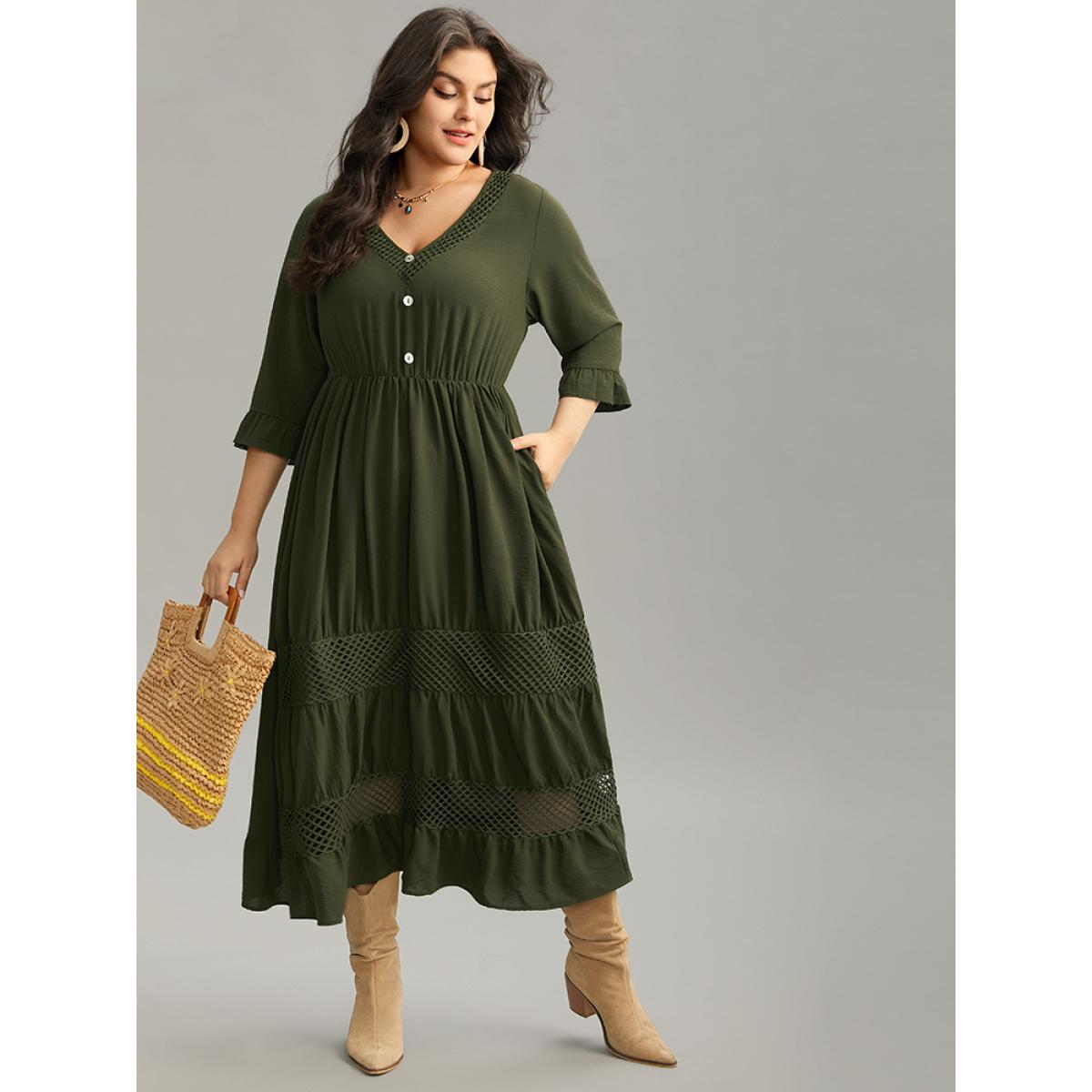 Plus Size Plain Ruffles Patchwork Button Detail Cut Out Dress ArmyGreen Women Vacation Plain V-neck Elbow-length sleeve Curvy Midi Dress BloomChic 28/5X Product Image
