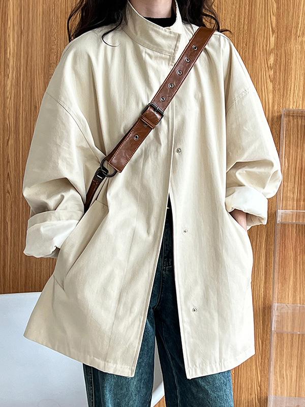 Long Sleeves Loose Pockets Solid Color Stand Collar Outerwear Trench Coats Product Image
