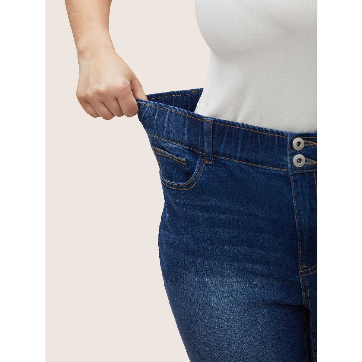 Plus Size Dark Wash Elastic Waist Split Side Jeans Women Blue Casual Slit High stretch Slanted pocket Jeans BloomChic 24/3X Product Image