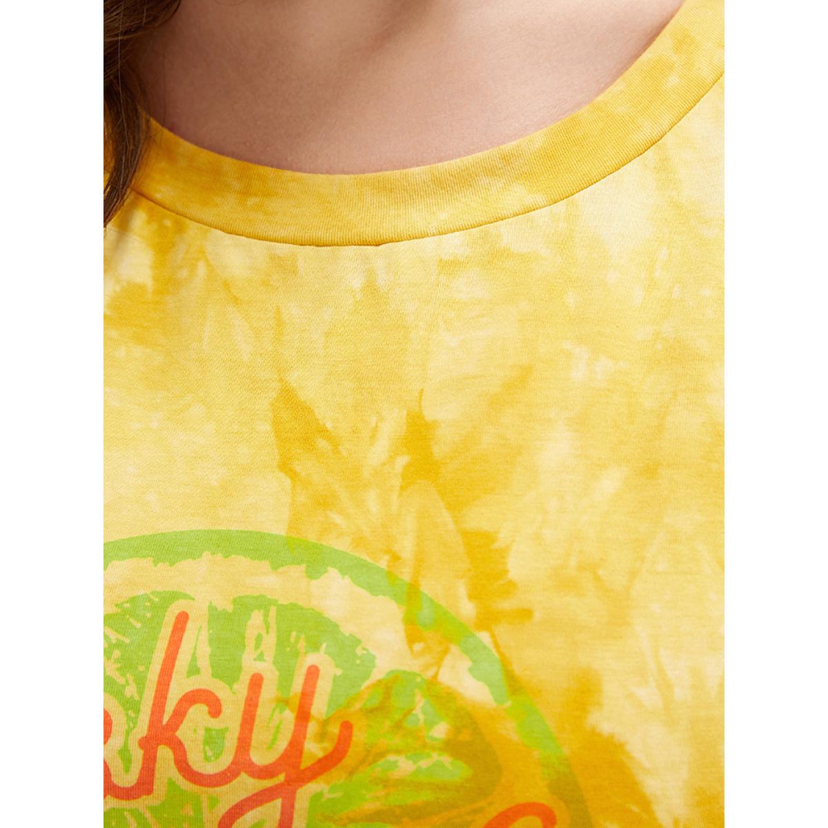 Plus Size Lemon & Letter Print Crew Neck Tie Dye T-shirt Yellow Women Casual Graphic Dailywear T-shirts BloomChic 18-20/2X Product Image