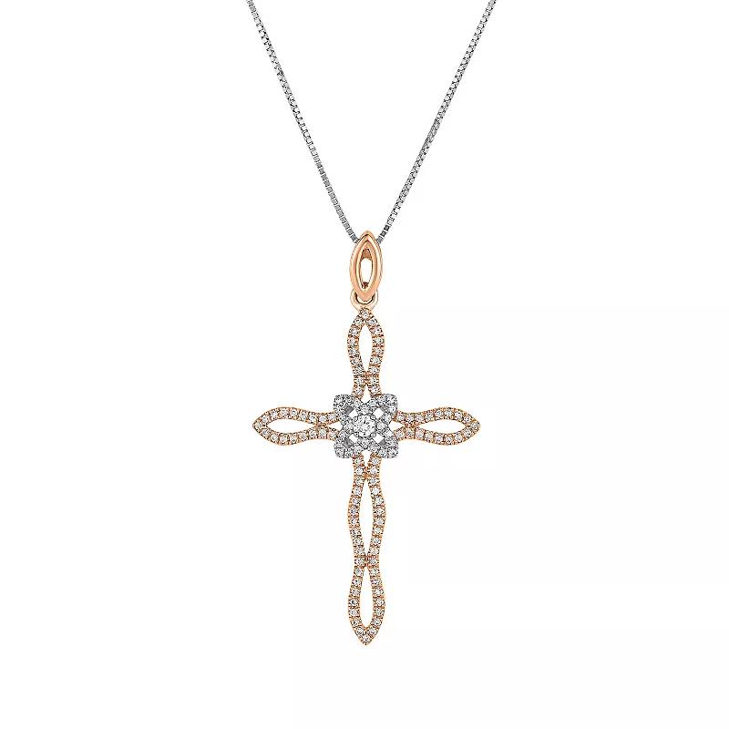 3/8 Carat T.W. Diamond 10k 2-Tone Pink Gold Cross Pendant Necklace, Womens 10k Two Tone Product Image