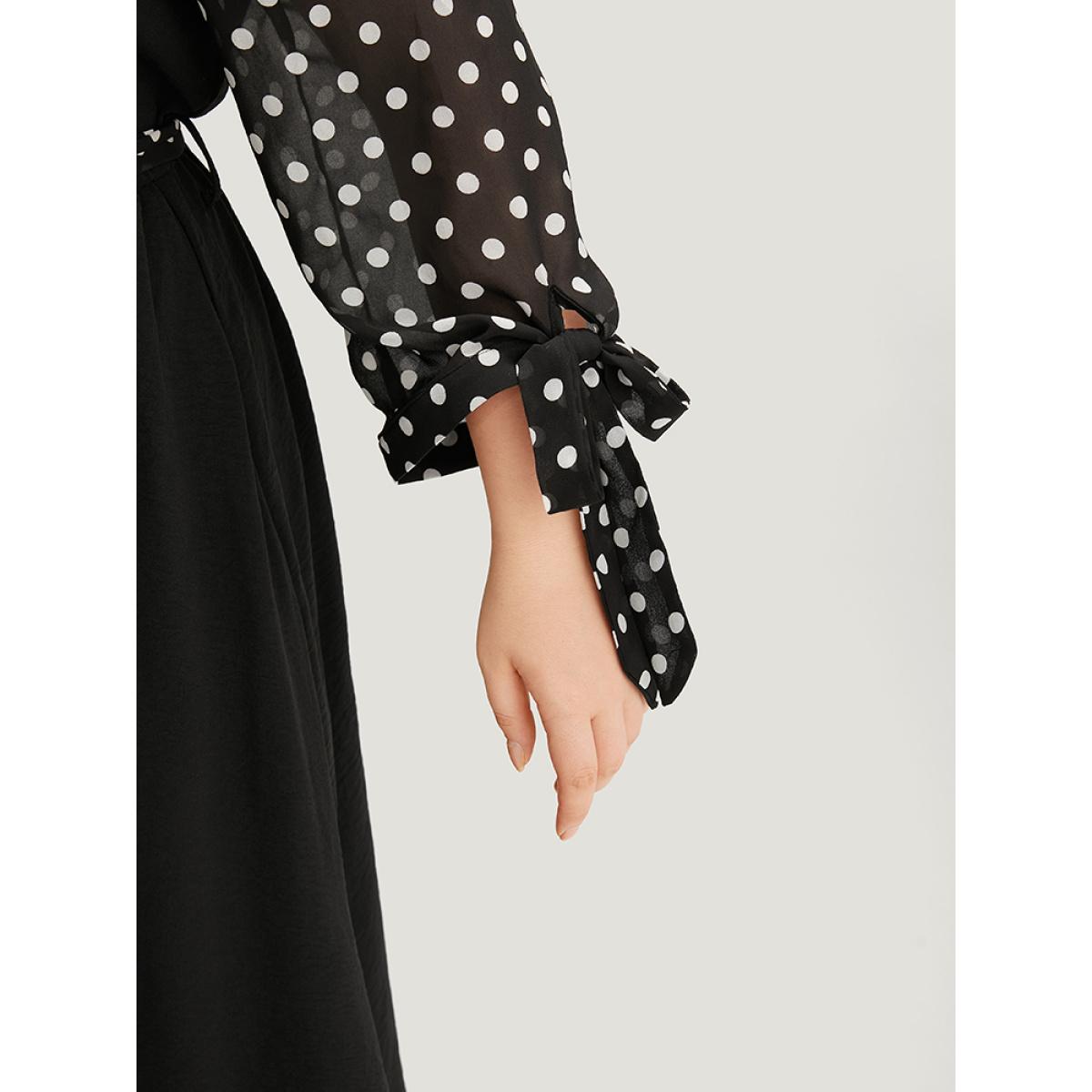 Plus Size Polka Dot Patchwork Mesh Belted Bowknot Dress Black Women Office See through Round Neck Long Sleeve Curvy Midi Dress BloomChic 26/4X Product Image