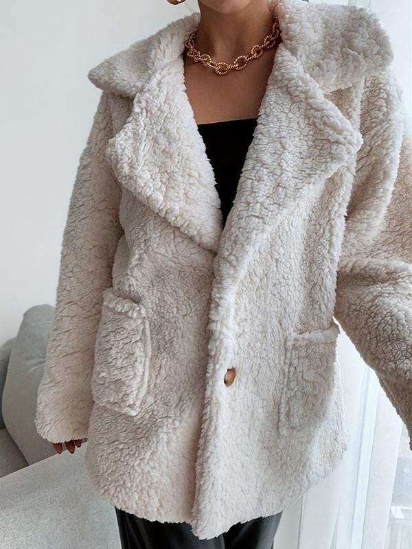 Long Sleeves Loose Buttoned Pockets Solid Color Velvet Notched Collar Outerwear Product Image