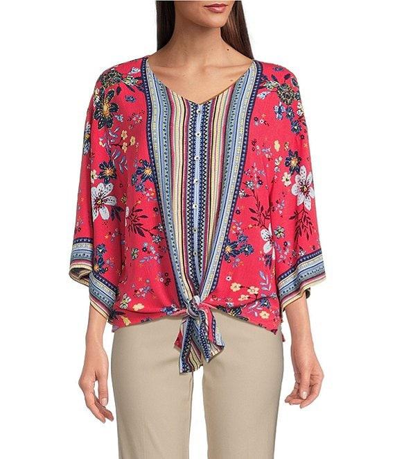 Ali Miles Petite Size Floral Print V-Neck 3/4 Sleeve Front Tie Tunic Product Image