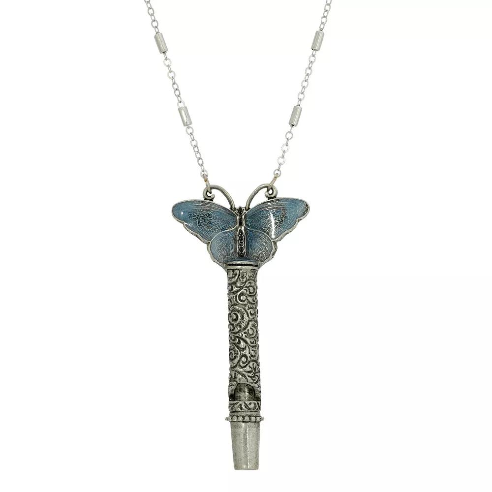 1928 Colorful Butterfly Pewter Whistle Pendant Necklace, Women's, Blue Product Image