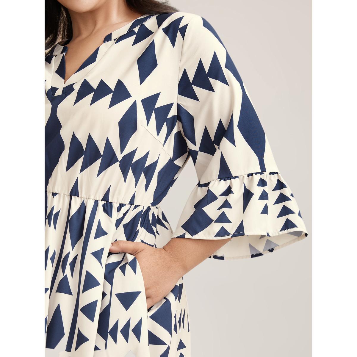 Plus Size Geometric Print Stretchy Waist Pockets Maxi Dress Beige Women Resort Ruffles Flat collar with V-notch Elbow-length sleeve Curvy BloomChic 12/L Product Image
