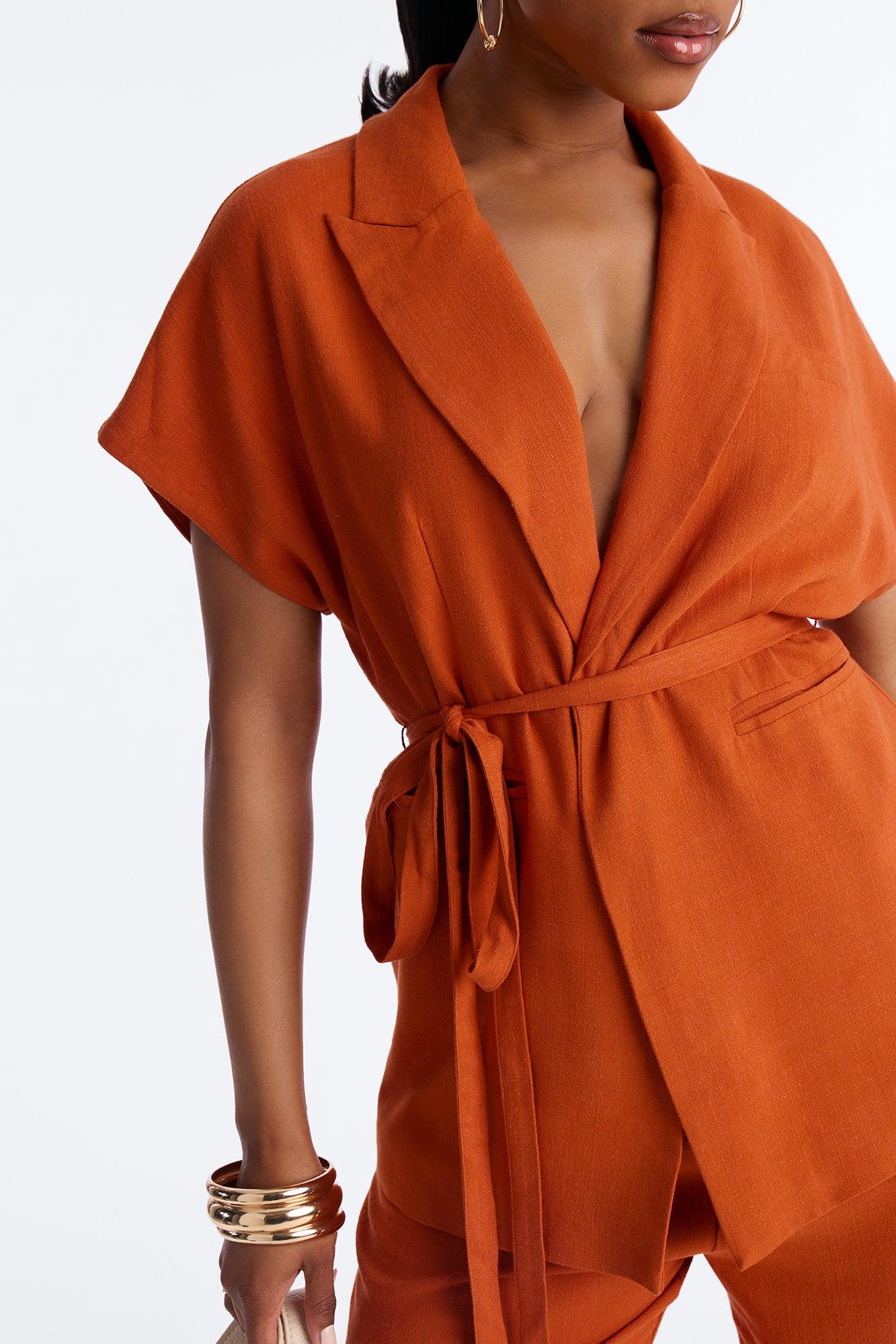 Vanna Linen Tie Waist Pant Set - Rust Female Product Image