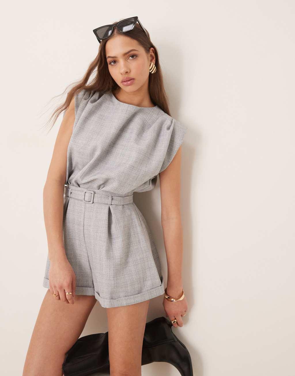 ASOS DESIGN tailored paper bag short romper with belt detail in gray Product Image