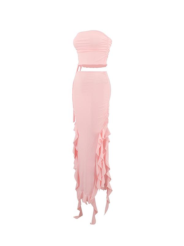 Solid Ruched Cropped Bandeau Top & Ruffled Trim Split Skirt Set Product Image