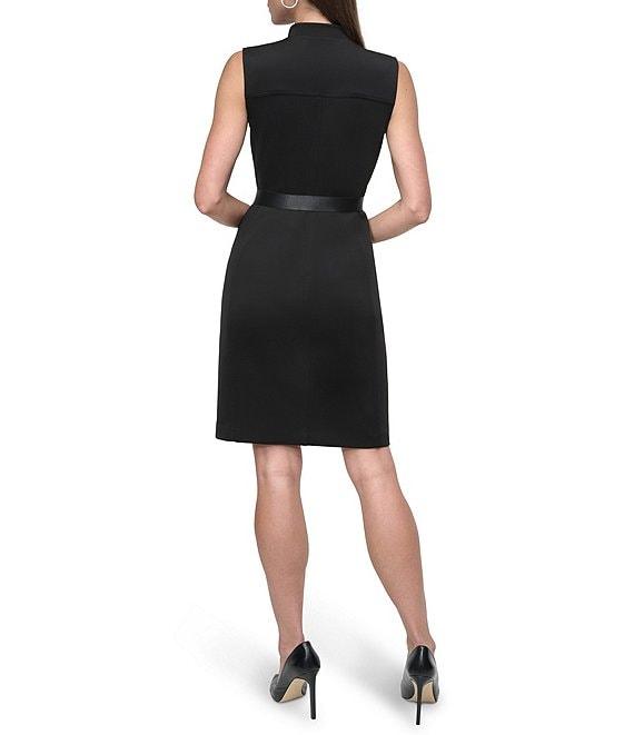DKNY by Donna Karan Knit Notch Collar Neck Sleeveless Buckle Belt Front Zipper Sheath Mini Dress Product Image