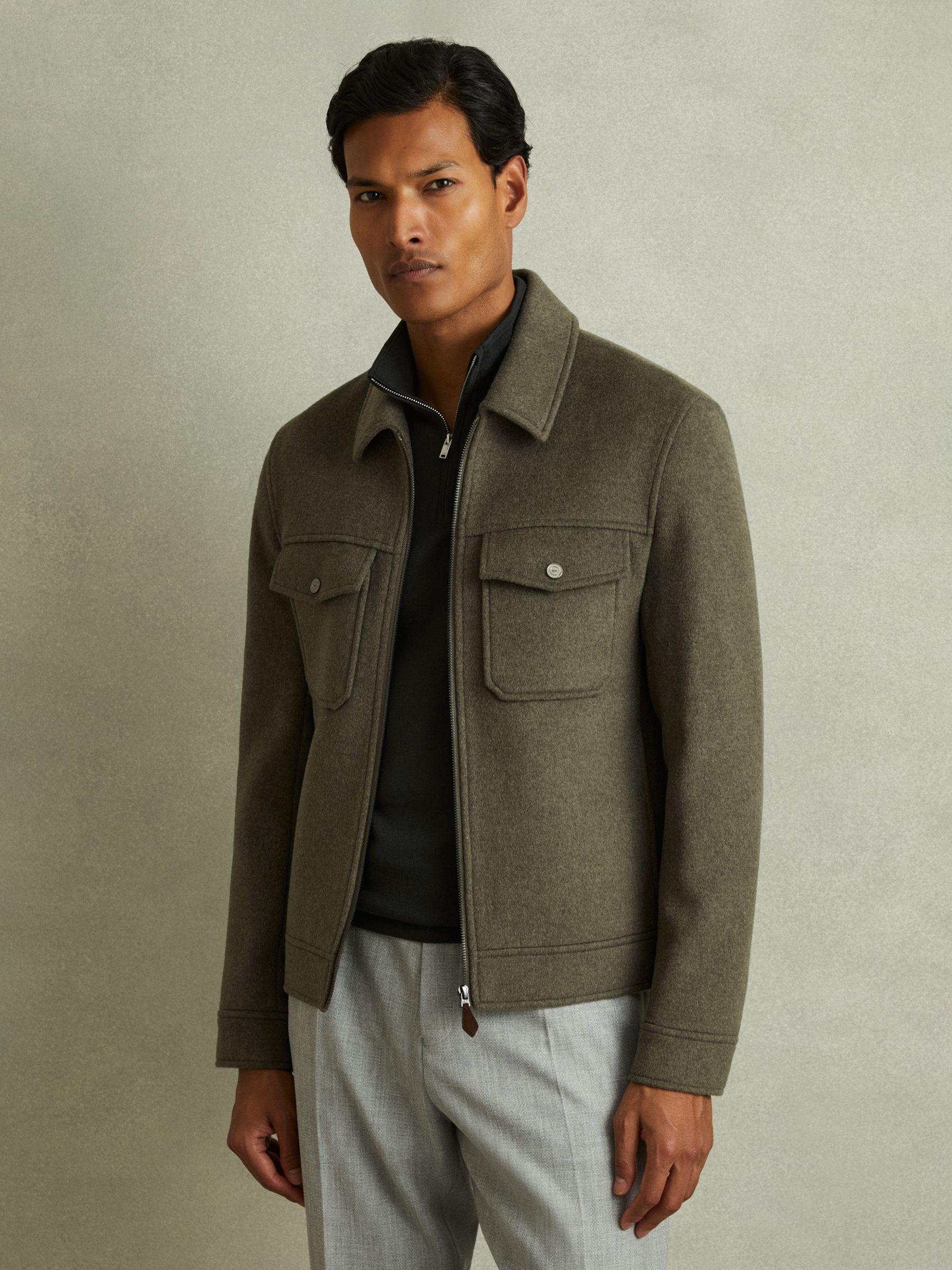 Zip-Through Trucker Jacket with Wool in Green Smoke Product Image