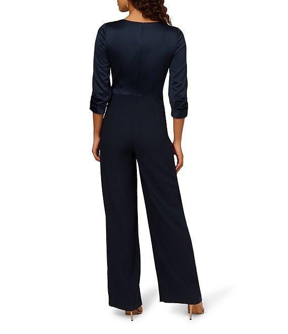 Adrianna Papell Stretch Satin Crepe Surplice V-Neck 3/4 Sleeve Side Drape Jumpsuit Product Image