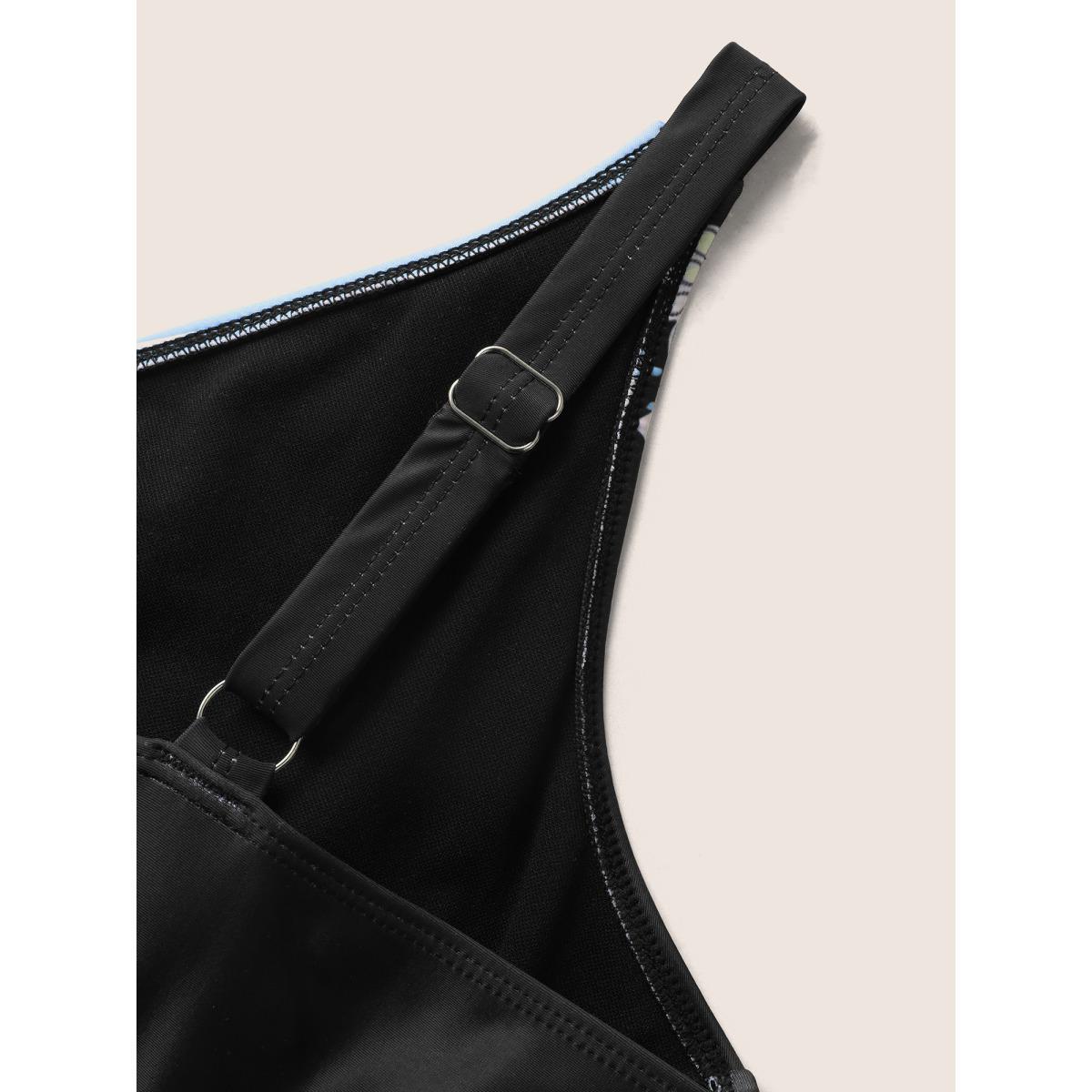 Plus Size Overlap Collar Boho Print Hanky Hem Swim Dress Women's Swimwear Black Beach Bodycon Overlap Collar High stretch Curve Swim Dresses BloomChic 26/4X Product Image