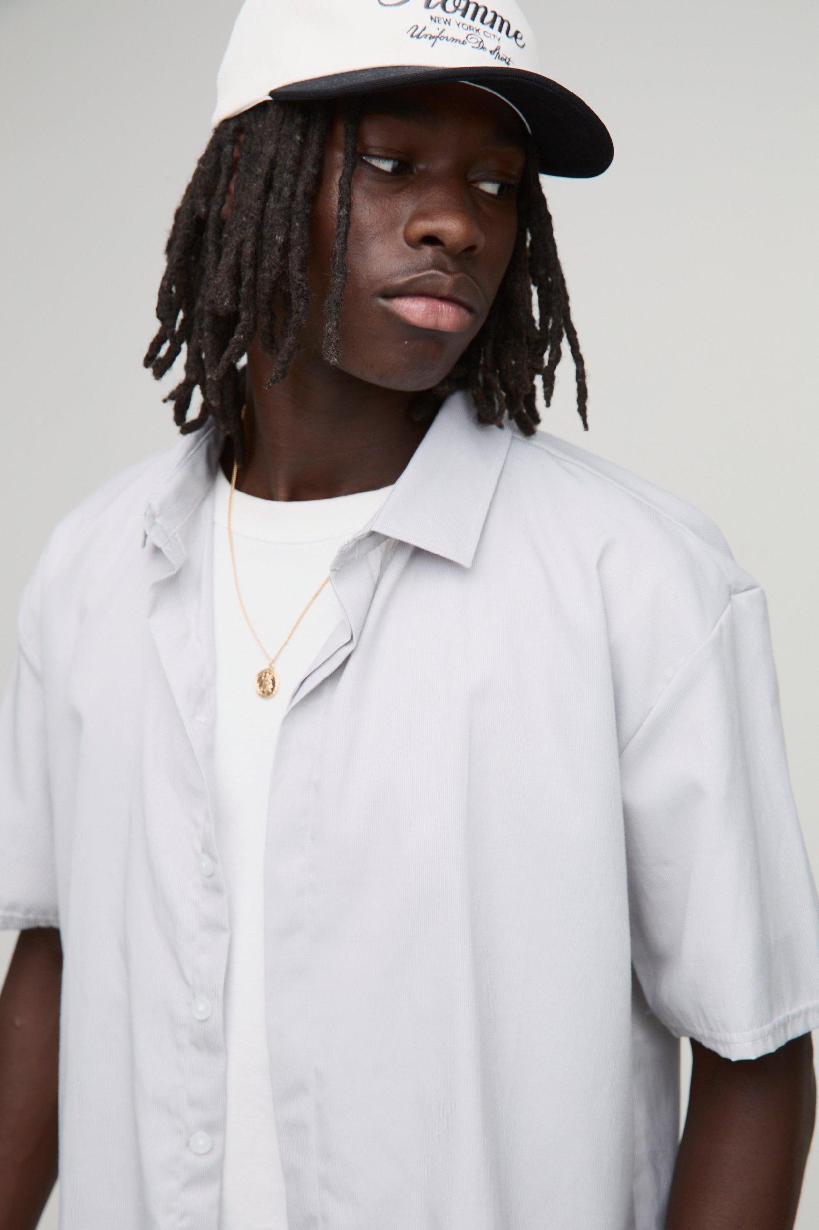 Oversized Boxy Stripe Concealed Placket Shirt & Short Set | boohooMAN USA Product Image