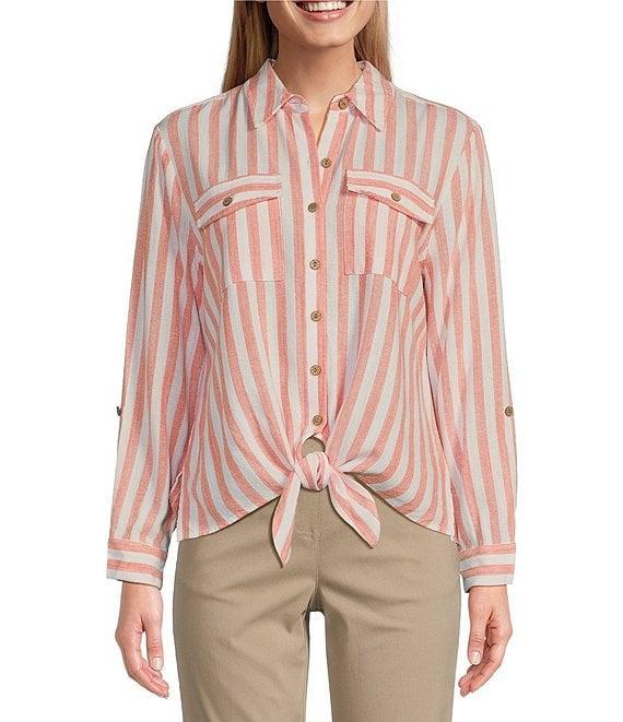 Multiples Petite Size Yarn-Dye Stripe Point Collar Long Roll-Tab Sleeve Button-Front Shirt Product Image