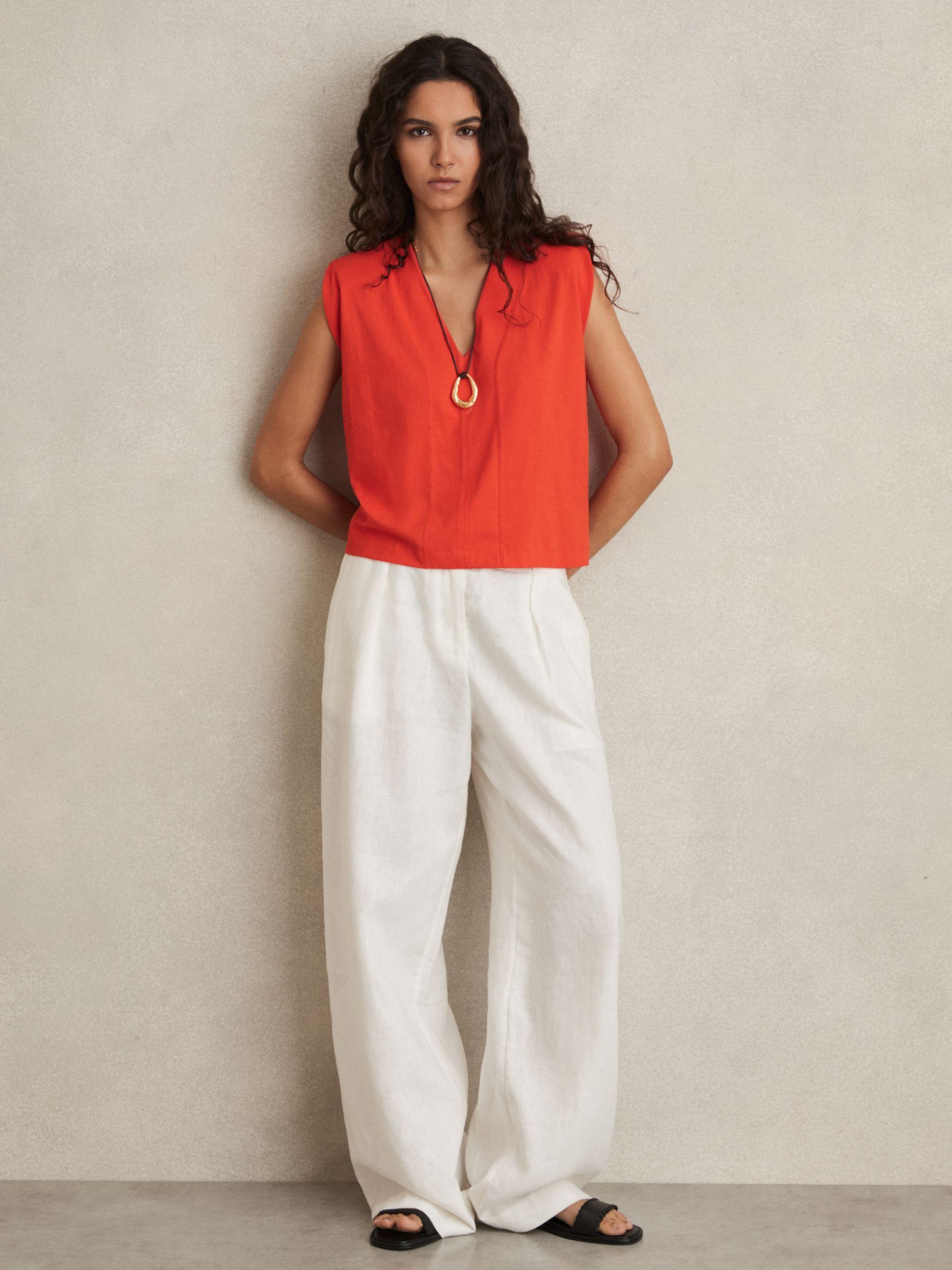 Cotton Shoulder-Pad V-Neck Top in Coral Product Image