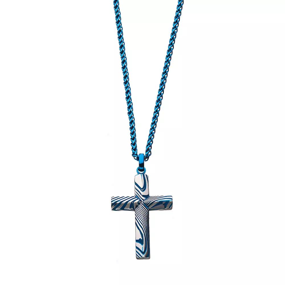 Men's Two Tone Stainless Steel Damascus Cross Pendant Necklace, Size: 24", Blue Product Image
