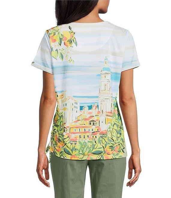 Allison Daley Petite Size Tuscan Village Print Short Sleeve Side Ruched Knit Top Product Image