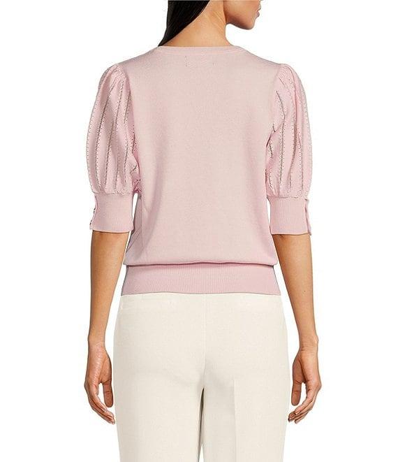 KARL LAGERFELD PARIS Knit Solid V-Neck Short Stripe Puff Sleeve Sweater Product Image