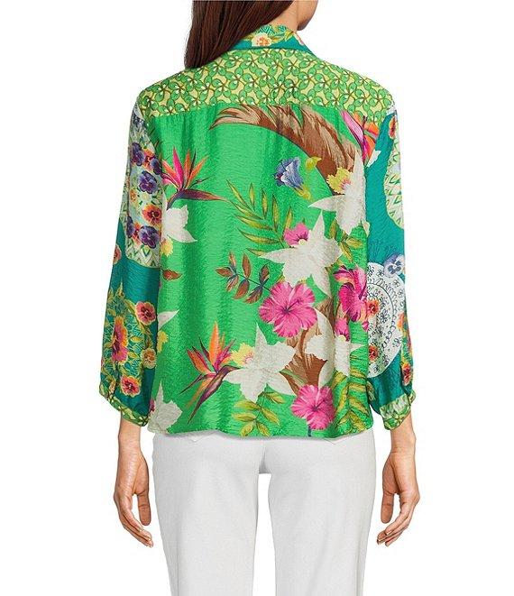 John Mark Woven Floral Leaf Print Point Collar 3/4 Sleeve Tie-Front Shirt Product Image