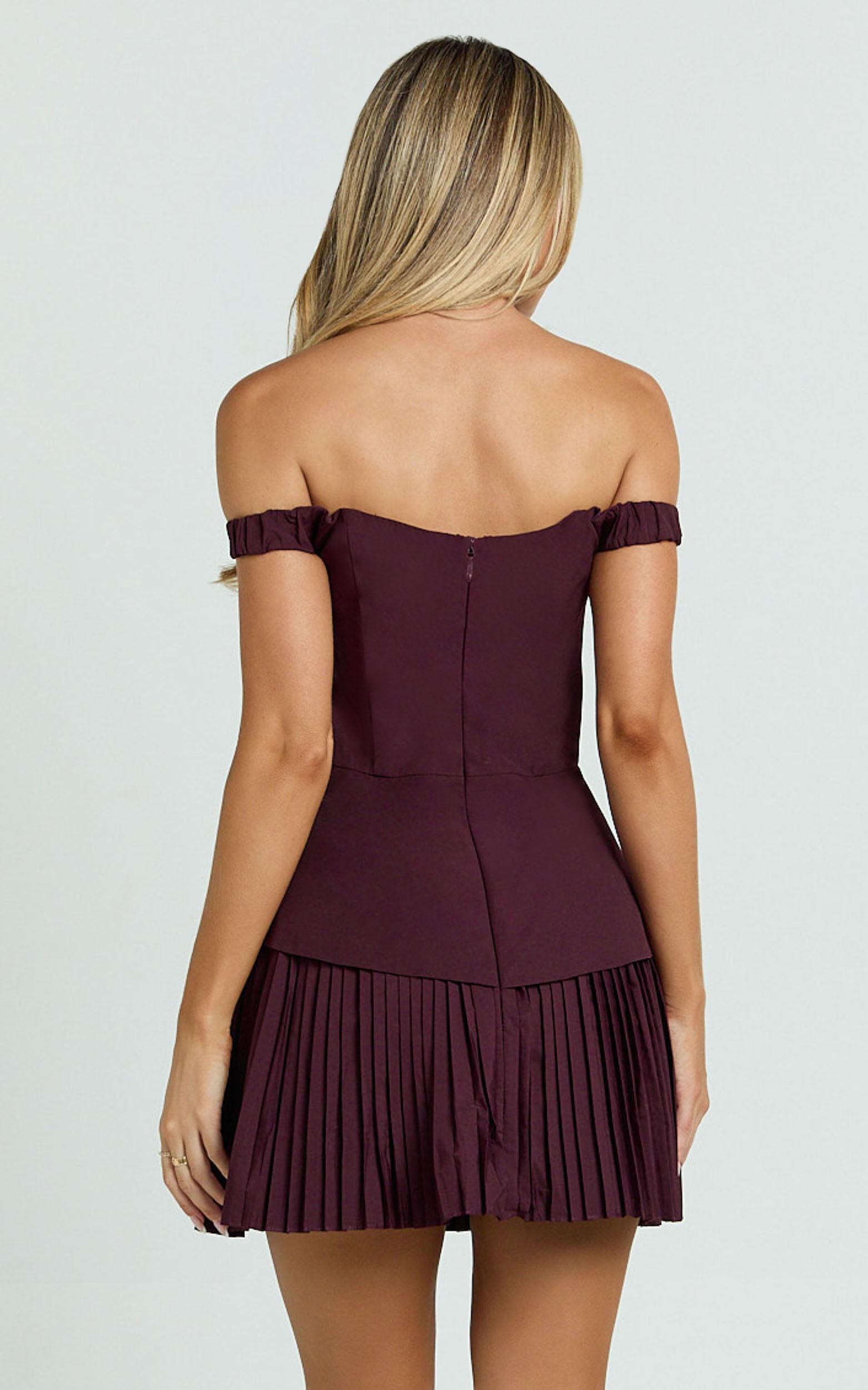 Izara Mini Dress - Off Shoulder Pleated Dress in Wine Product Image
