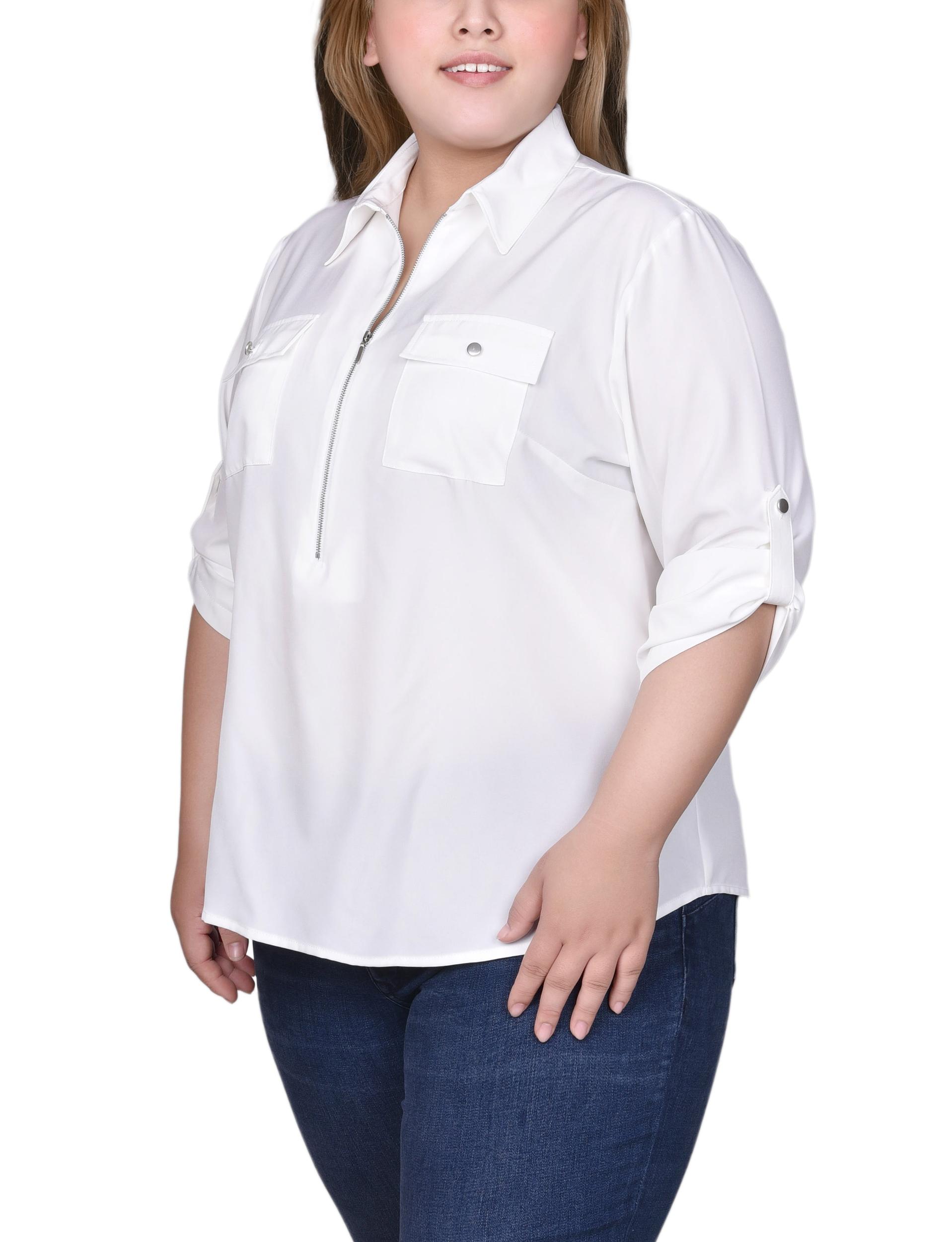 White Tabbed Sleeve Half-Zip Blouse - Plus Size Product Image