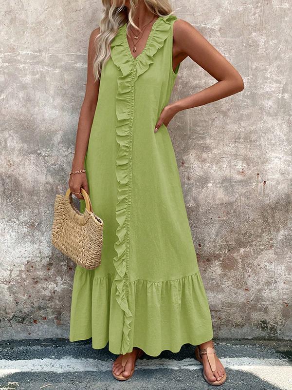 A-Line Loose Pleated Ruffle Trim Solid Color V-Neck Maxi Dresses Product Image