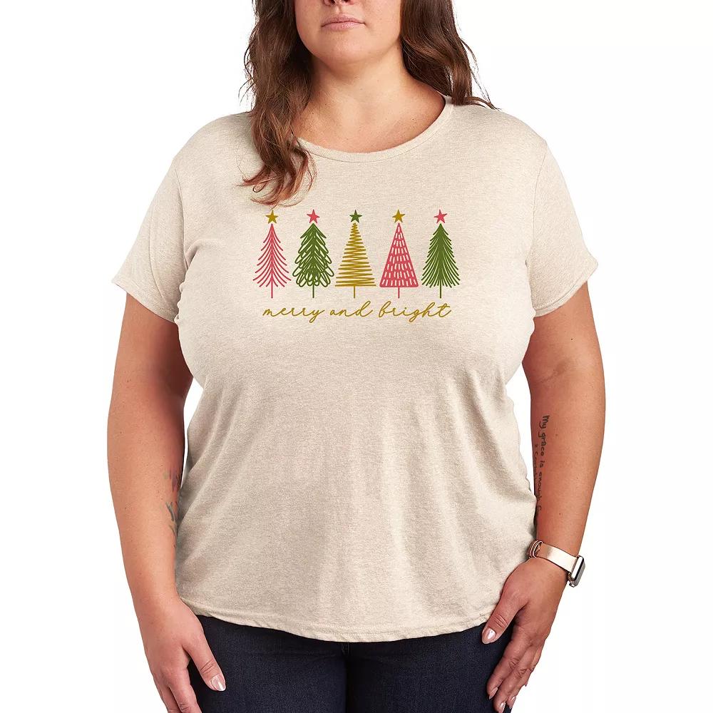 Plus Size Merry & Bright Christmas Trees Graphic Tee, Women's, Size: 2XL, Beige Product Image