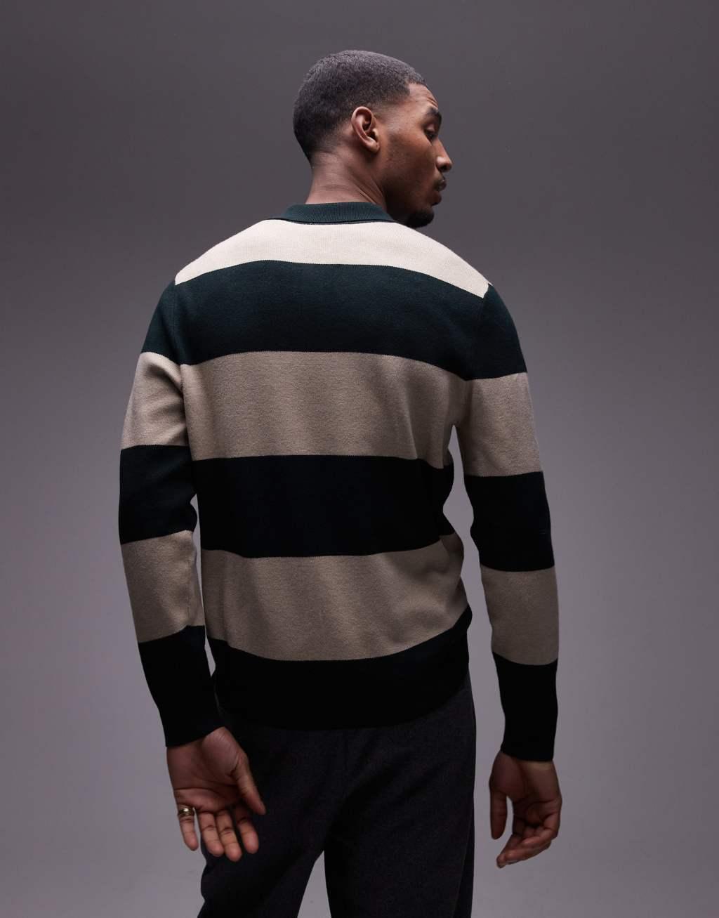 Mango rugby polo shirt in green & beige stripe Product Image