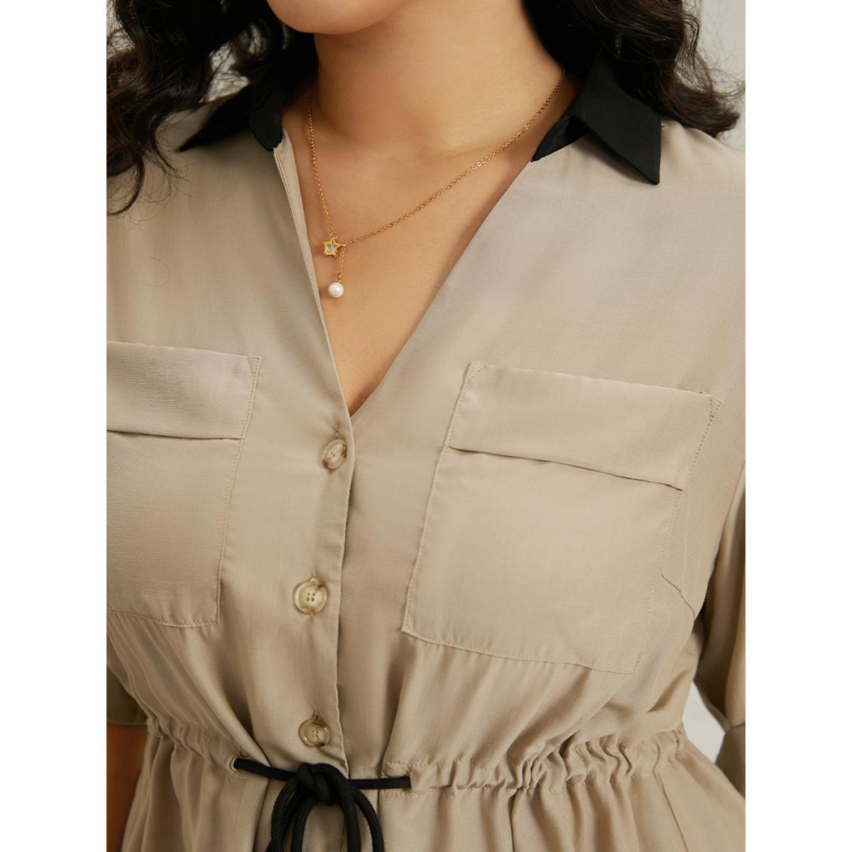 Plus Size Tan Contrast Drawstring Roll Tab Sleeve Patched Pocket Blouse Women Office Elbow-length sleeve Shirt collar Work Blouses BloomChic 10/M Product Image