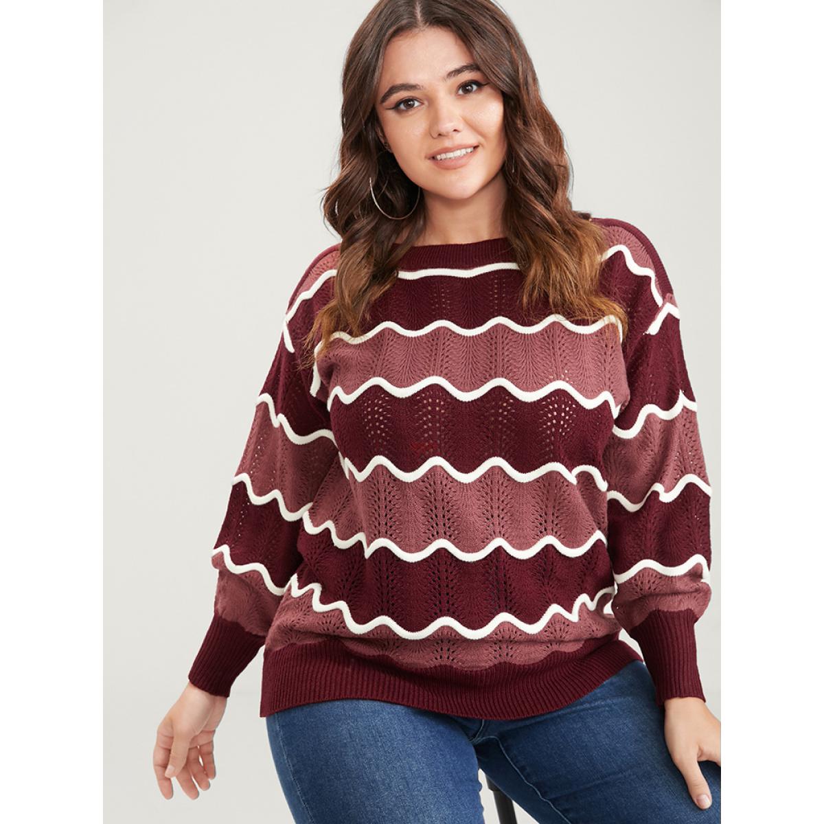 Plus Size Colorblock Contrast Pointelle Knit Water Ripple Knit Top Scarlet Women Elegant Long Sleeve Round Neck Dailywear Pullovers BloomChic 14-16/1X Product Image