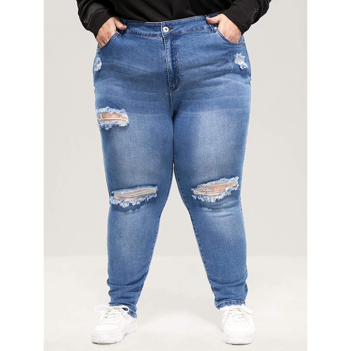 Plus Size Skinny Very Stretchy High Rise Asymmetrical Distressed Jeans Women Blue Casual Plain High stretch Pocket Jeans BloomChic 20/2X Product Image