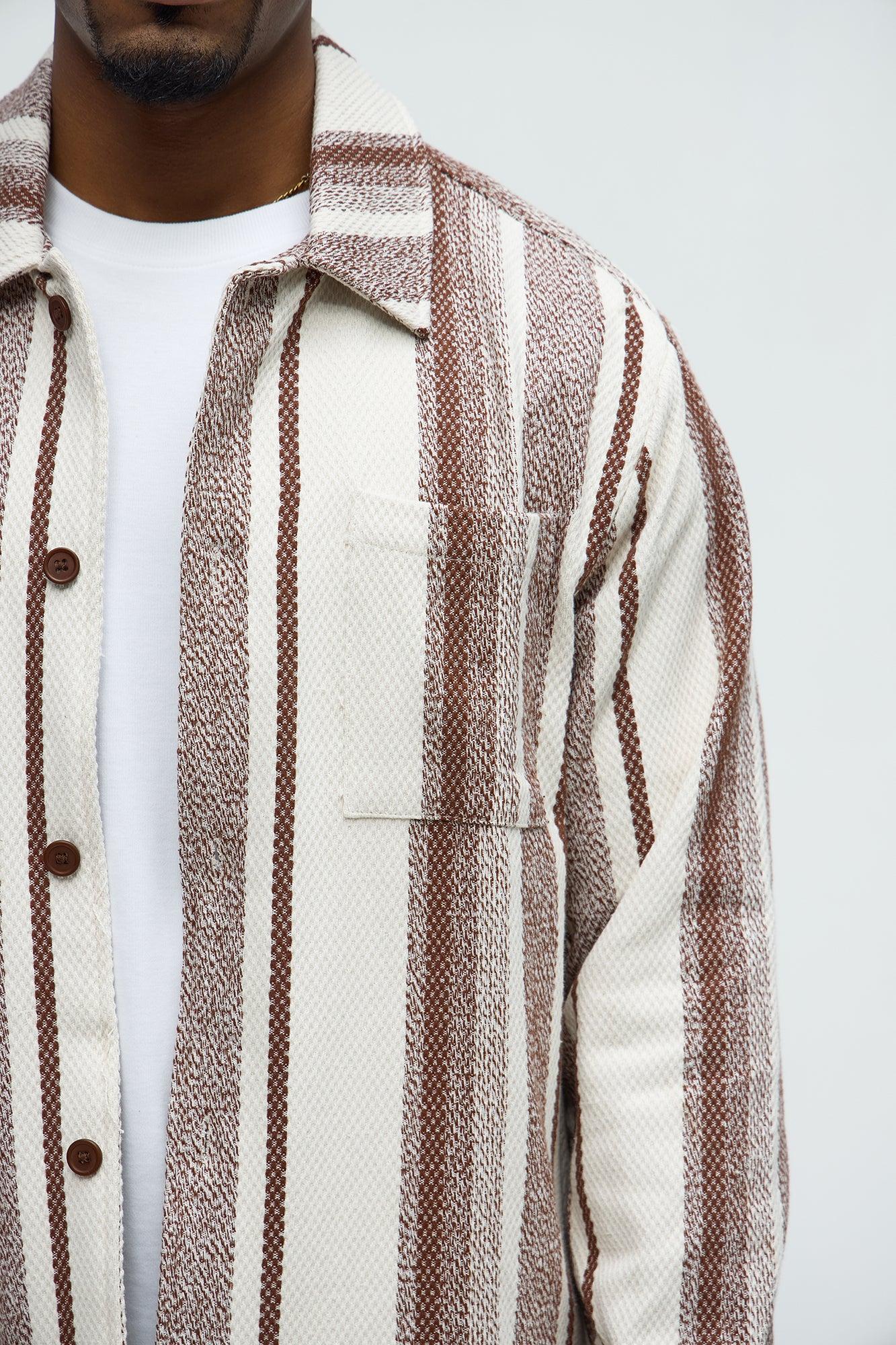 Chunky Weave Striped Oversized Shirt - Brown Combo Product Image