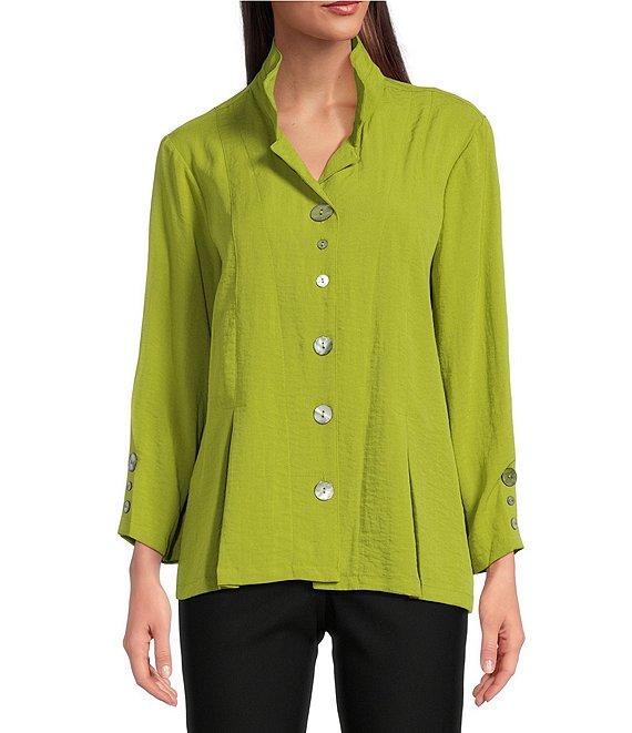 Ali Miles Petite Size Woven Solid Wire Collar 3/4 Sleeve Pleated Hem Button Front Tunic Product Image