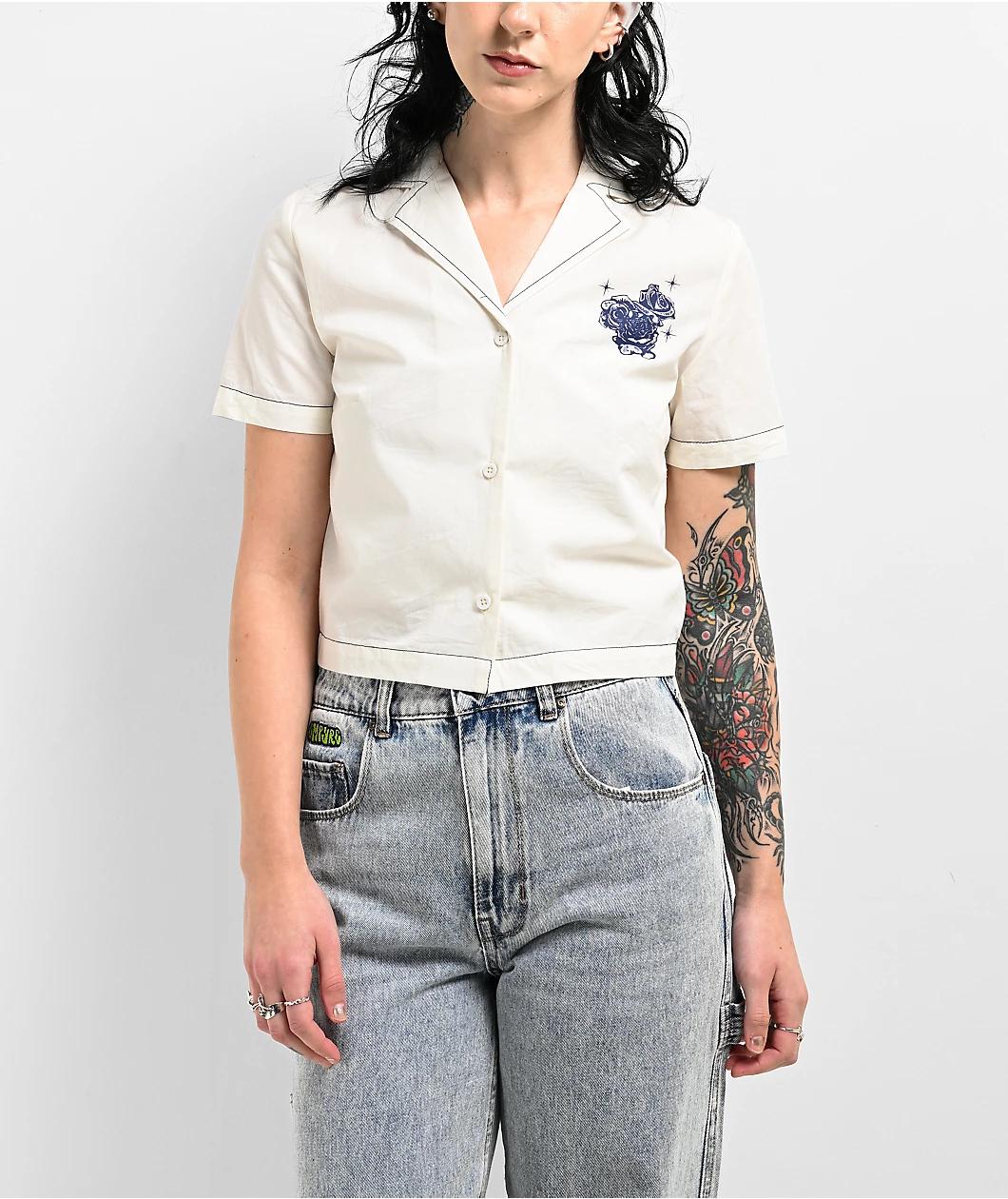 Empyre Bucky Rose Beige Crop Button Up Short Sleeve Shirt Product Image