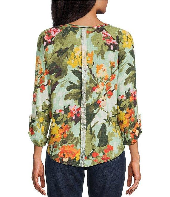 Westbound Knit Beryl Green Wild Bouquet 3/4 Bell Sleeve V-Neck Top Product Image