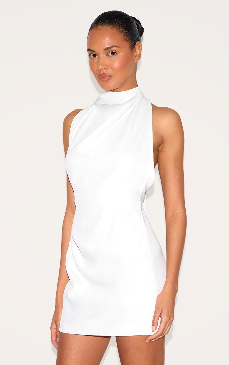 Premium White Woven Tie Halter Neck Dress Product Image