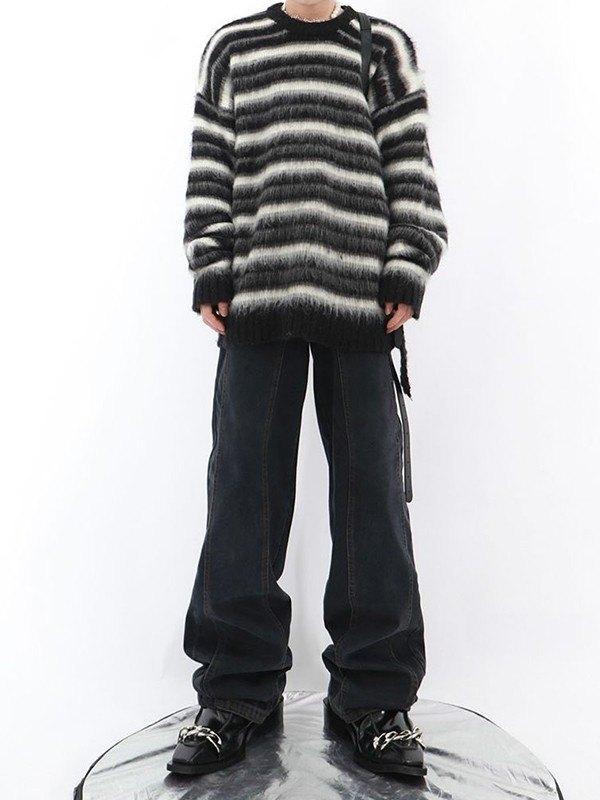 Men's Contrast Striped Fuzzy Knit Sweater Product Image