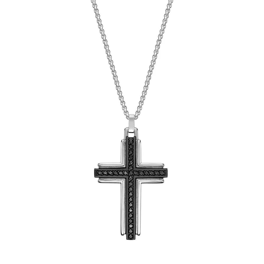 Men's LYNX Stainless Steel & Black Agate Cross Pendant Necklace, Size: 24", Two Tone Product Image