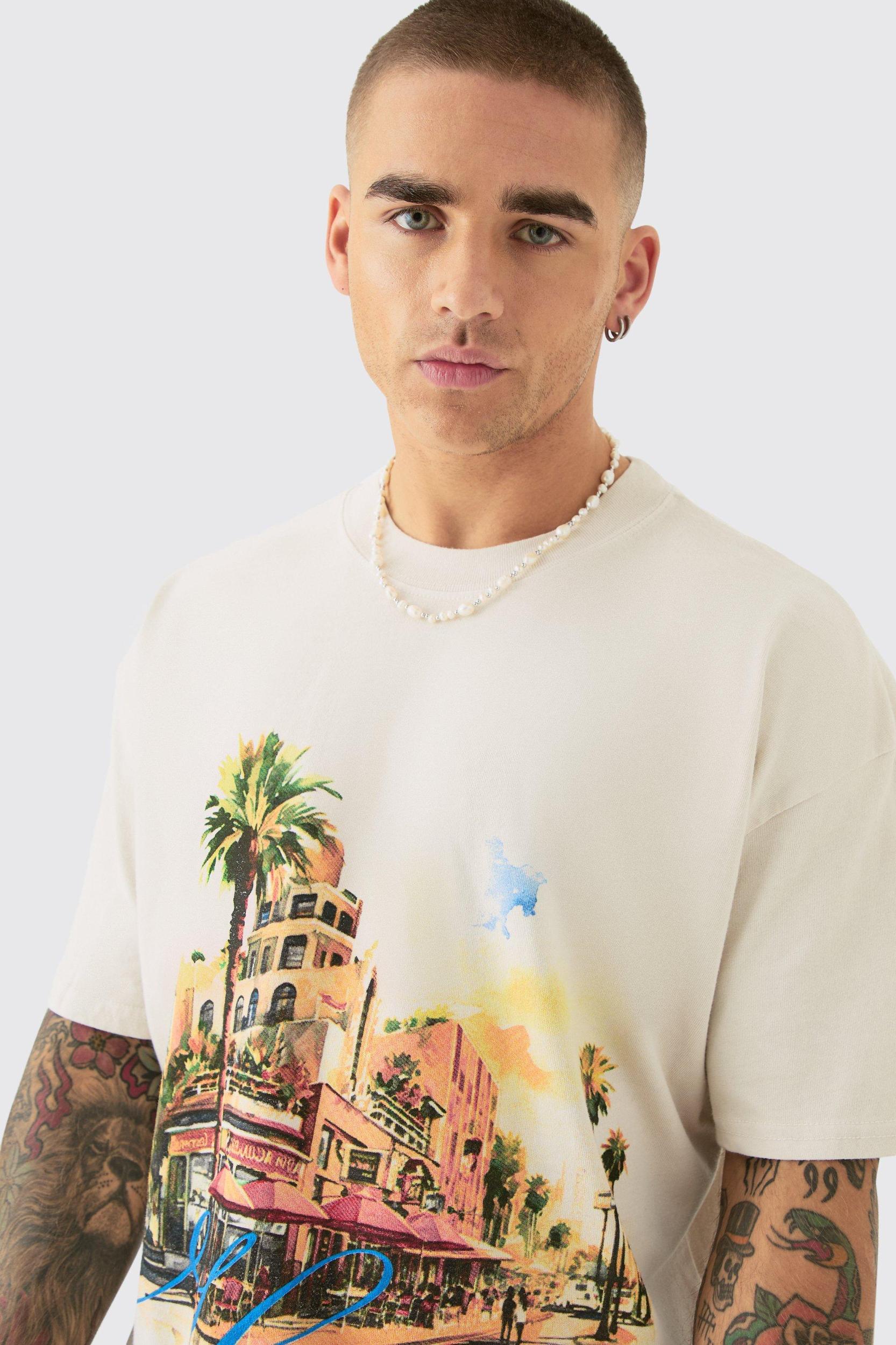 Oversized Boxy Homme Landscape Print Wash T-shirt | boohooMAN USA Product Image