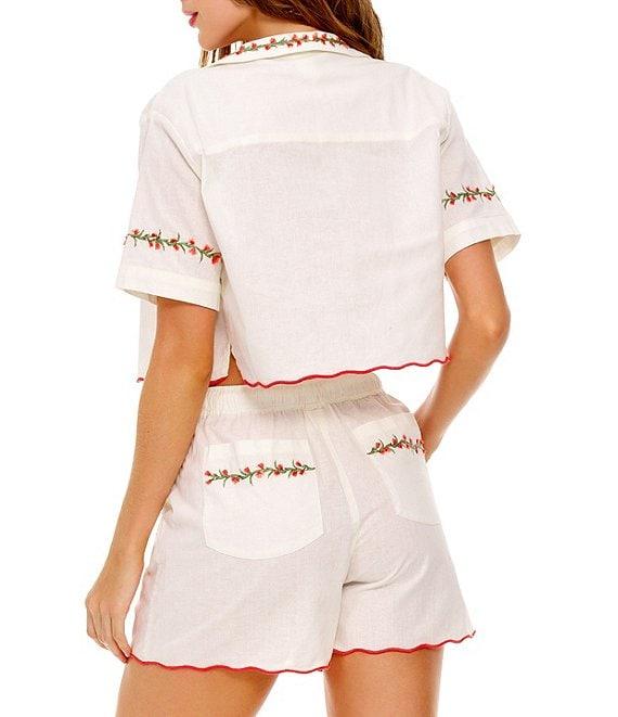 Agua Bendita Itsy Floral Embroidered Notch Collar Short Sleeve Crop Shirt Product Image