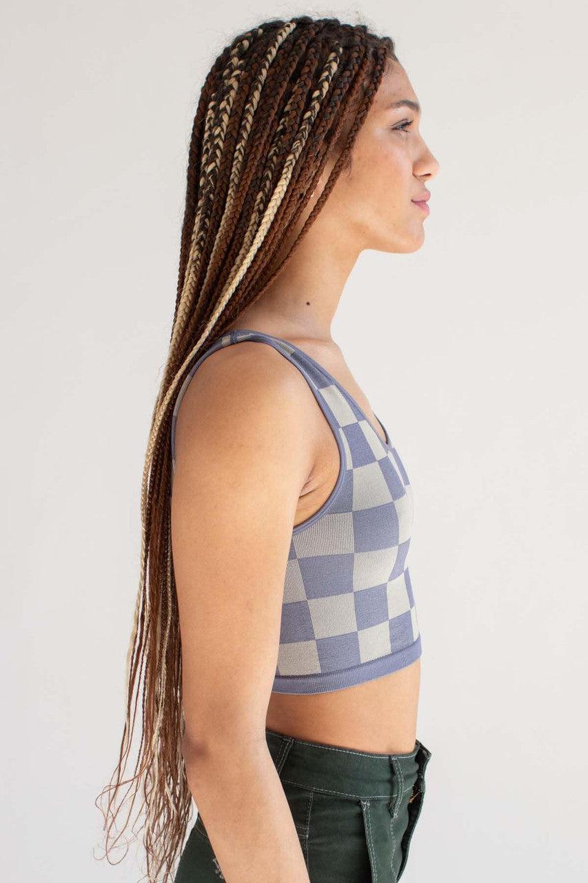 Hazy Blue Checkered Seamless Crop Tank Product Image