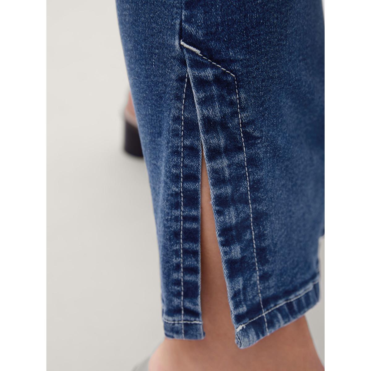 Plus Size Stretch No-Gap Waist Slit Hem Jeans Women Midblue Casual Slit High stretch Slanted pocket Jeans BloomChic 10/M Product Image