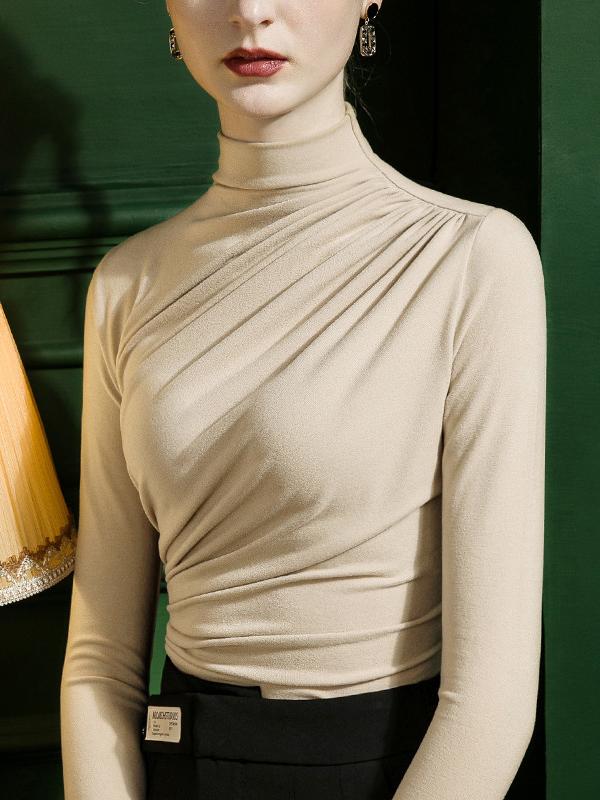 Long Sleeves Skinny Pleated Solid Color Half Turtleneck T-Shirts Tops Product Image