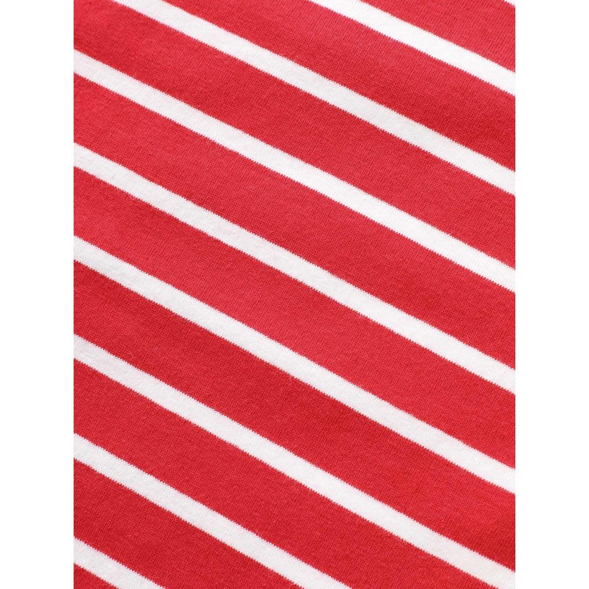 Plus Size Round Neck Striped Bishop Sleeve T-shirt Brightred Women Casual Gathered Round Neck Everyday T-shirts BloomChic 12/L Product Image